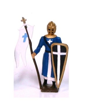 croisé, cotte bleue, heaume, avec drapeau et bouclier "croix"
