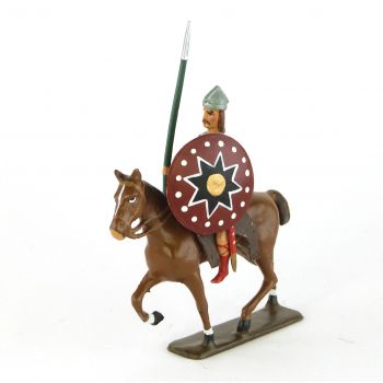 cavalier gaulois, casque à crête, avec lance et bouclier