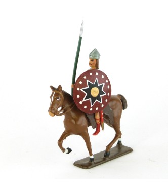 cavalier gaulois, casque à crête, avec lance et bouclier