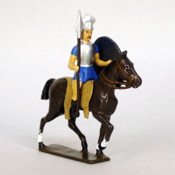 cavalier gaulois, casque à crête, avec lance et bouclier