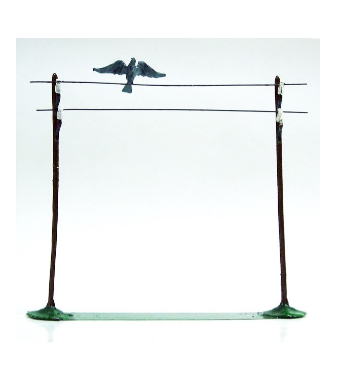 Fils électriques avec oiseau prenant son envol