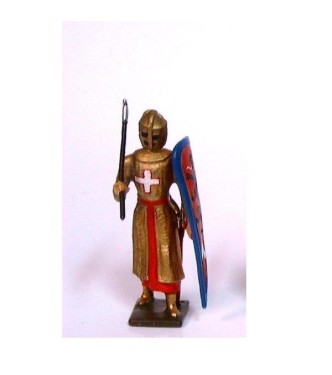 croisé, cotte dorée, heaume, avec hache et bouclier rouge "lion"