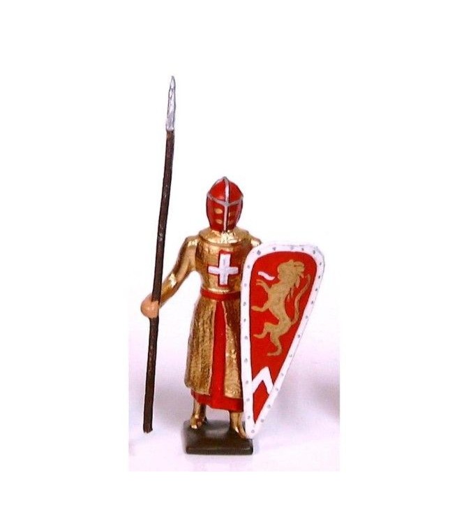 croisé, cotte dorée, heaume rouge, avec lance et bouclier rouge "lion"