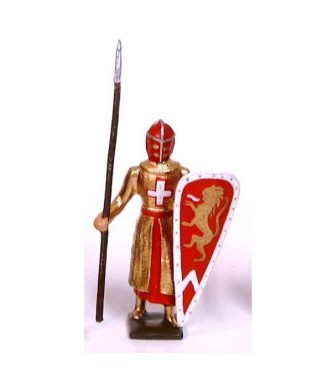 croisé, cotte dorée, heaume rouge, avec lance et bouclier rouge "lion"