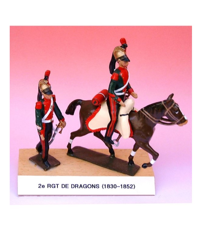 2e Rgt De Dragons (1830-1852), ensemble de 2 figurines sur socle bois