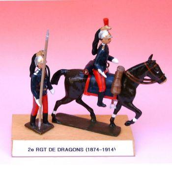2e Rgt De Dragons (1874-1914), ensemble de 2 figurines sur socle bois