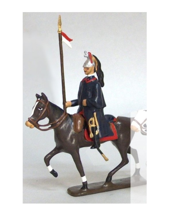 cavalier des dragons en capote, tenue rouge et bleu