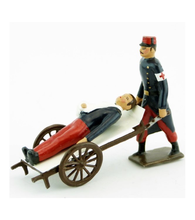 Brancardier 1914 avec brancard sur roues, transportant un blessé, pantalons gara