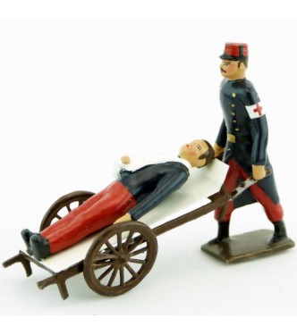 Brancardier 1914 avec brancard sur roues, transportant un blessé, pantalons gara