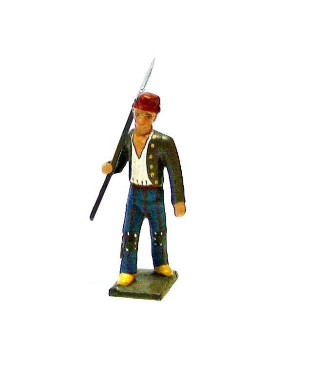 révolutionnaire, gilet marron, lance sur l'épaule