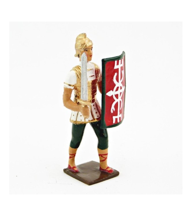 Romain avec glaive et bouclier, uniforme blanc-or-vert, bouclier caducée à fon