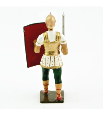 Romain avec glaive et bouclier, uniforme blanc-or-vert, bouclier caducée à fon