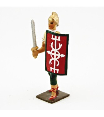 Romain avec glaive et bouclier, uniforme blanc-or-vert, bouclier caducée à fon