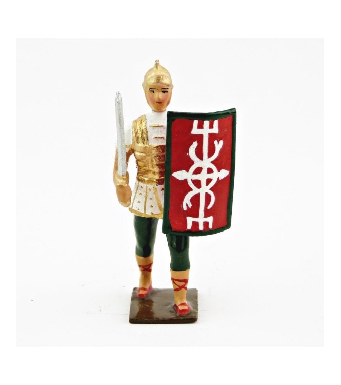 Romain avec glaive et bouclier, uniforme blanc-or-vert, bouclier caducée à fon