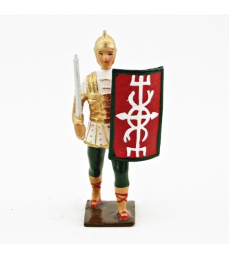 Romain avec glaive et bouclier, uniforme blanc-or-vert, bouclier caducée à fon