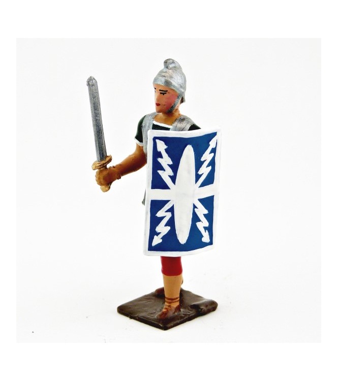 Romain avec glaive et bouclier, uniforme blanc-or-vert-rouge, bouclier foudres