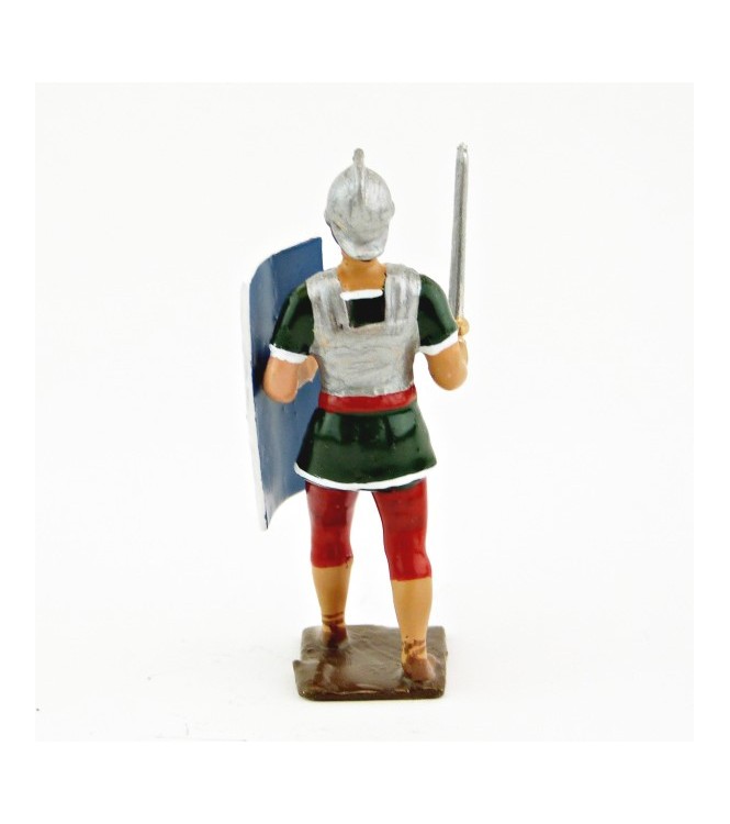 Romain avec glaive et bouclier, uniforme blanc-or-vert-rouge, bouclier foudres