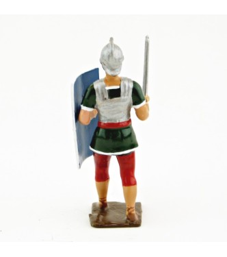 Romain avec glaive et bouclier, uniforme blanc-or-vert-rouge, bouclier foudres