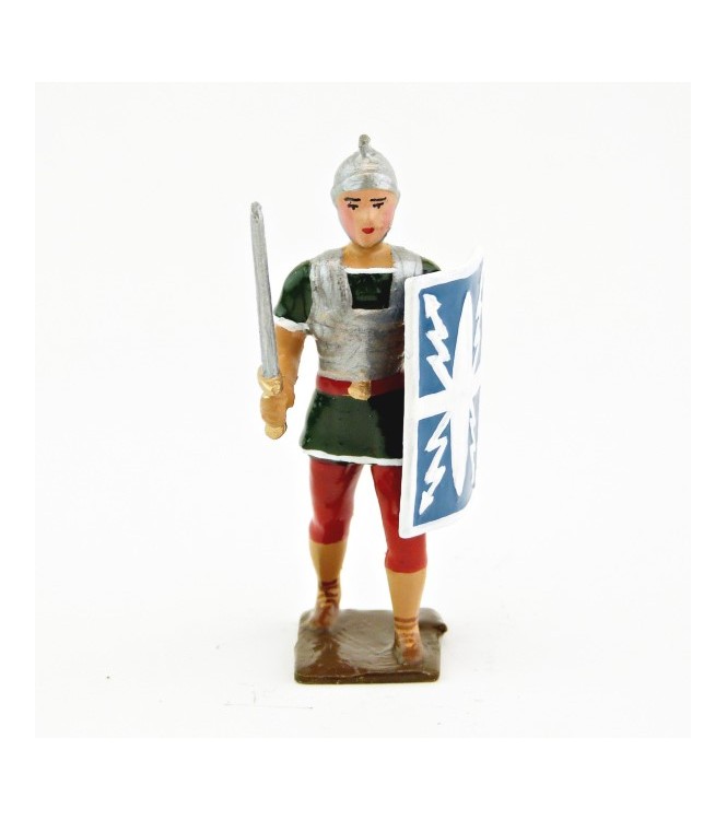 Romain avec glaive et bouclier, uniforme blanc-or-vert-rouge, bouclier foudres