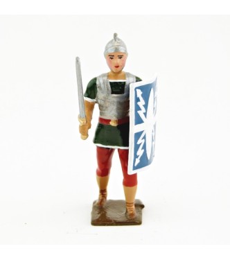 Romain avec glaive et bouclier, uniforme blanc-or-vert-rouge, bouclier foudres