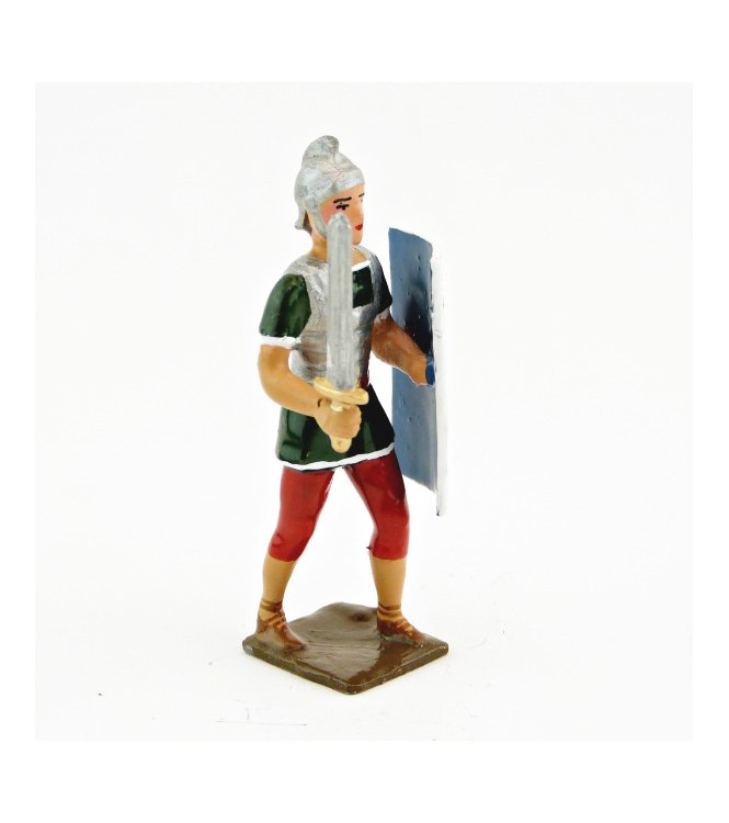 Romain avec glaive et bouclier, uniforme blanc-or-vert-rouge, bouclier foudres