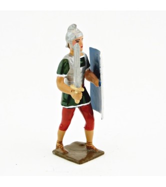 Romain avec glaive et bouclier, uniforme blanc-or-vert-rouge, bouclier foudres