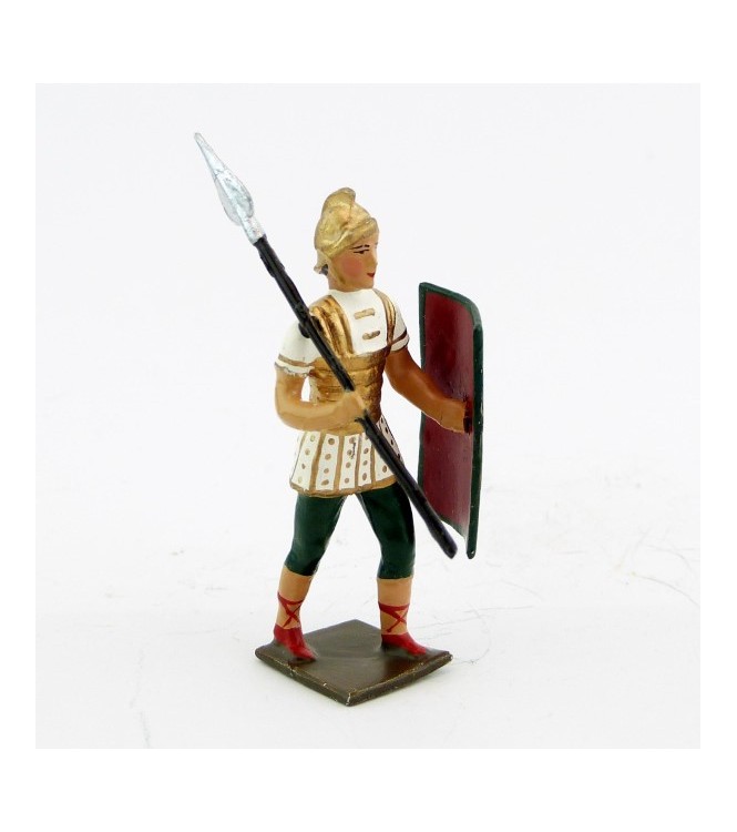 Romain avec lance sur l'épaule, uniforme blanc-or-vert, bouclier caducée à fon