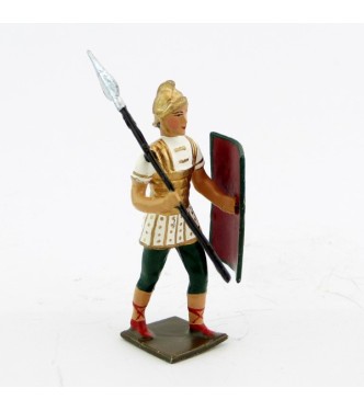 Romain avec lance sur l'épaule, uniforme blanc-or-vert, bouclier caducée à fon