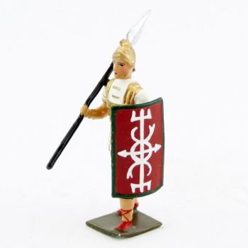 Romain avec lance (javelot) sur l'épaule, uniforme blanc-or-vert, bouclier cadu