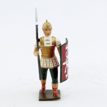 Romain avec lance sur l'épaule, uniforme blanc-or-vert, bouclier caducée à fon