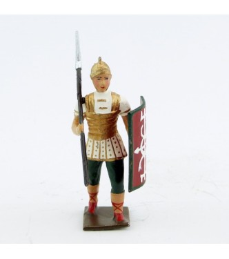 Romain avec lance sur l'épaule, uniforme blanc-or-vert, bouclier caducée à fon