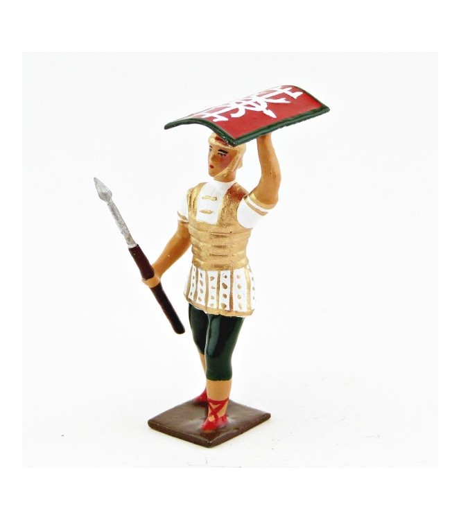 Romain avec bouclier au-dessus de la tête, uniforme blanc-or-vert, bouclier cad