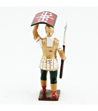Romain avec bouclier au-dessus de la tête, uniforme blanc-or-vert, bouclier cad