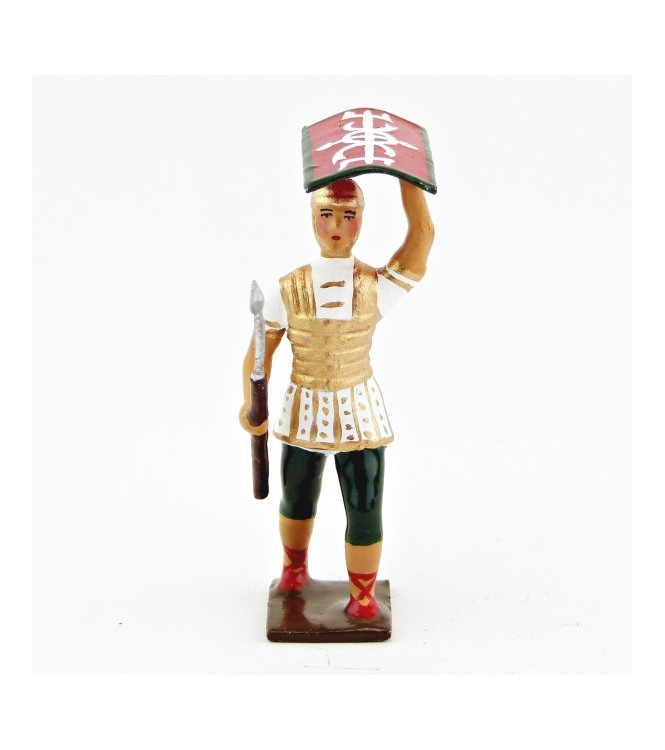 Romain avec bouclier au-dessus de la tête, uniforme blanc-or-vert, bouclier cad