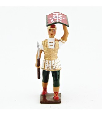 Romain avec bouclier au-dessus de la tête, uniforme blanc-or-vert, bouclier cad
