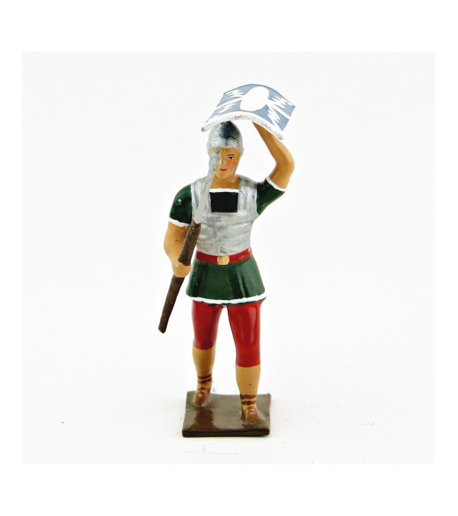 Romain avec bouclier au-dessus de la tête, uniforme blanc-or-vert-rouge, bouclie