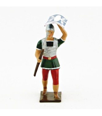 Romain avec bouclier au-dessus de la tête, uniforme blanc-or-vert-rouge, bouclie