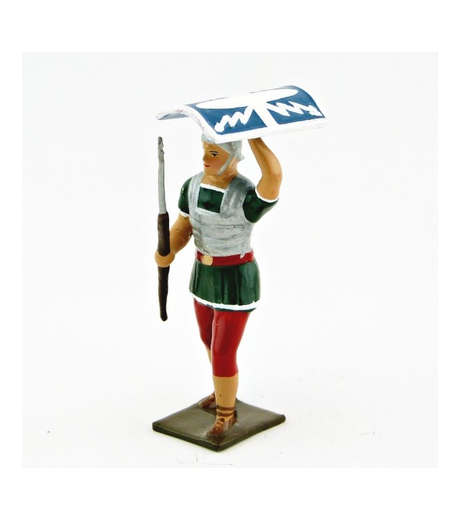 Romain avec bouclier au-dessus de la tête, uniforme blanc-or-vert-rouge, bouclie