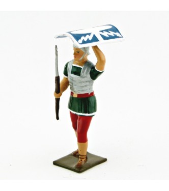 Romain avec bouclier au-dessus de la tête, uniforme blanc-or-vert-rouge, bouclie