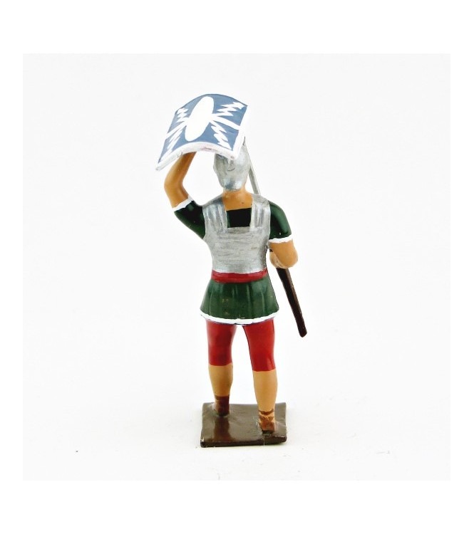 Romain avec bouclier au-dessus de la tête, uniforme blanc-or-vert-rouge, bouclie