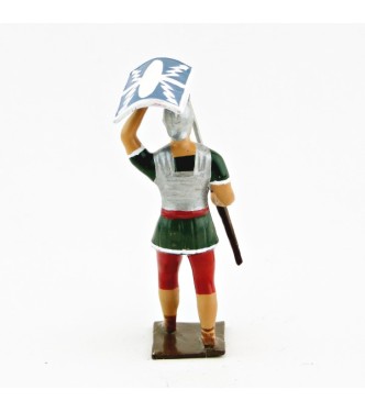 Romain avec bouclier au-dessus de la tête, uniforme blanc-or-vert-rouge, bouclie