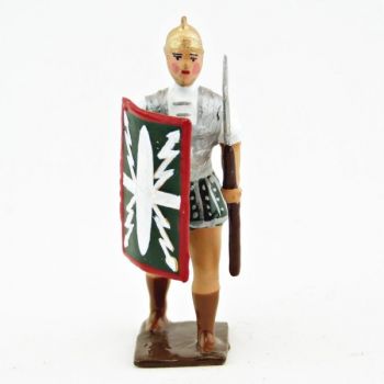 Romain avec bouclier au bras droit et pilum, uniforme blanc-argent-vert , boucli