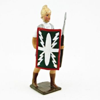 Romain avec bouclier au bras droit et pilum, uniforme blanc-argent-vert , boucli