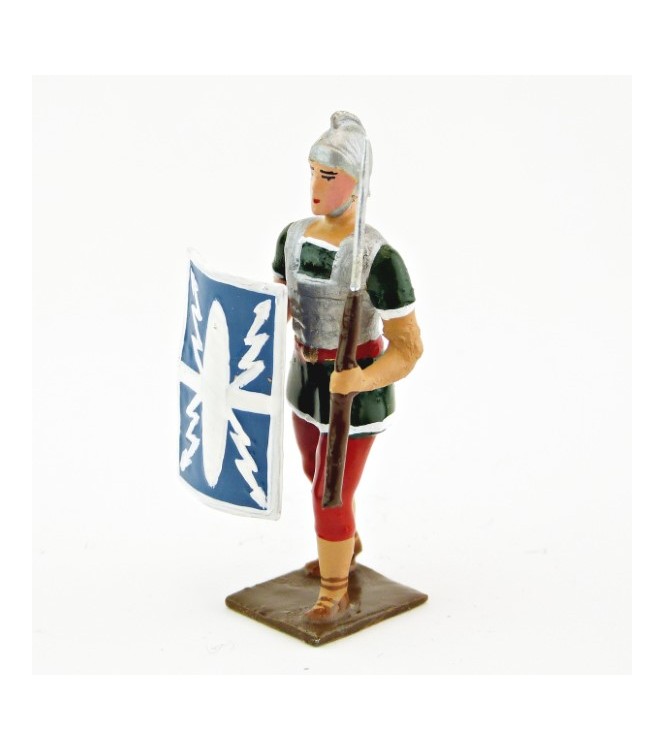 Romain avec bouclier au bras droit et pilum, uniforme blanc-or-vert-rouge, boucl