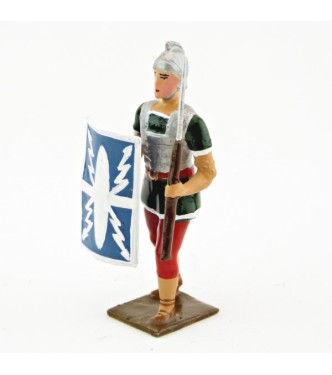 Romain avec bouclier au bras droit et pilum, uniforme blanc-or-vert-rouge, boucl