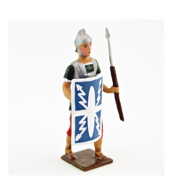 Romain avec bouclier au bras droit et pilum, uniforme blanc-or-vert-rouge, boucl