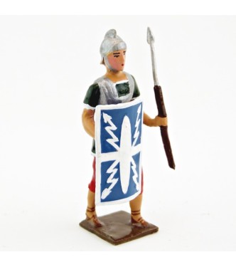 Romain avec bouclier au bras droit et pilum, uniforme blanc-or-vert-rouge, boucl