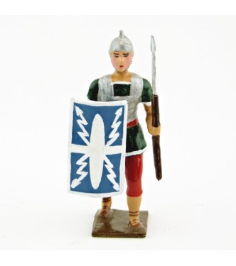 Romain avec bouclier au bras droit et pilum, uniforme blanc-or-vert-rouge, boucl