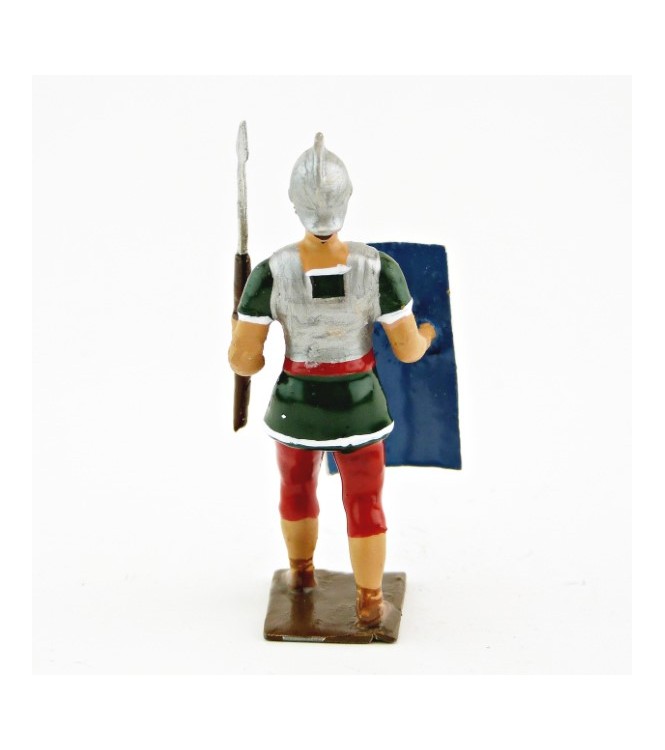 Romain avec bouclier au bras droit et pilum, uniforme blanc-or-vert-rouge, boucl