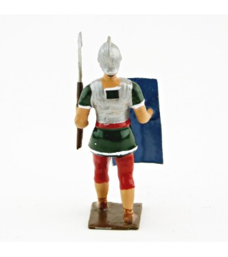 Romain avec bouclier au bras droit et pilum, uniforme blanc-or-vert-rouge, boucl